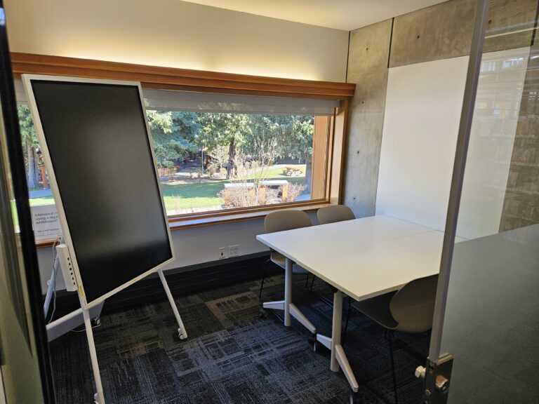 Image of a small room with two white tables on wheels, four plastic chairs, one screen on a stand with wheels, and a large window. The room has one fully glass wall and is accessed through a glass door that swings inward.